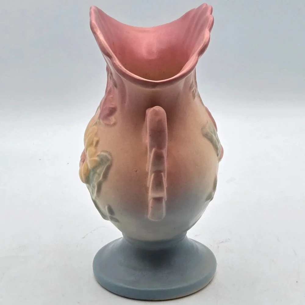 Hull Art Pottery Magnolia‎ Vase Double Handles Pink Yellow Blue  7